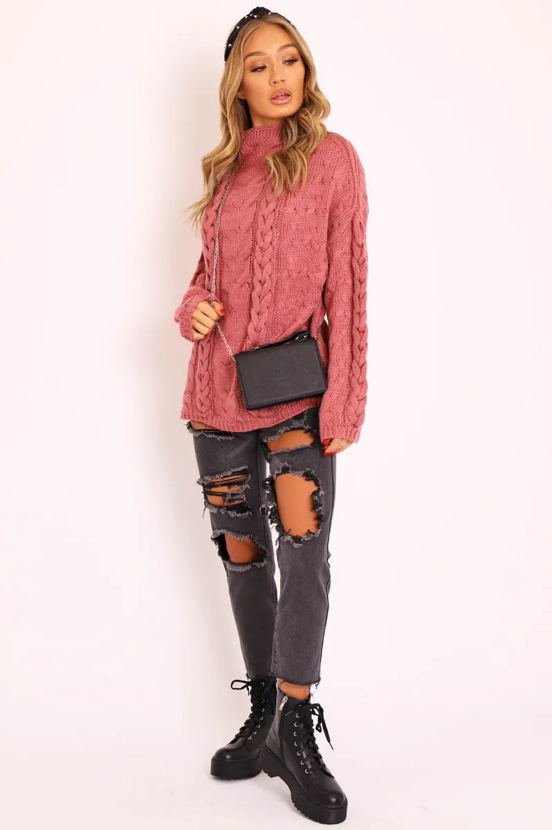 Mauve Cable Knit High Neck Oversized Jumper - Kiyla