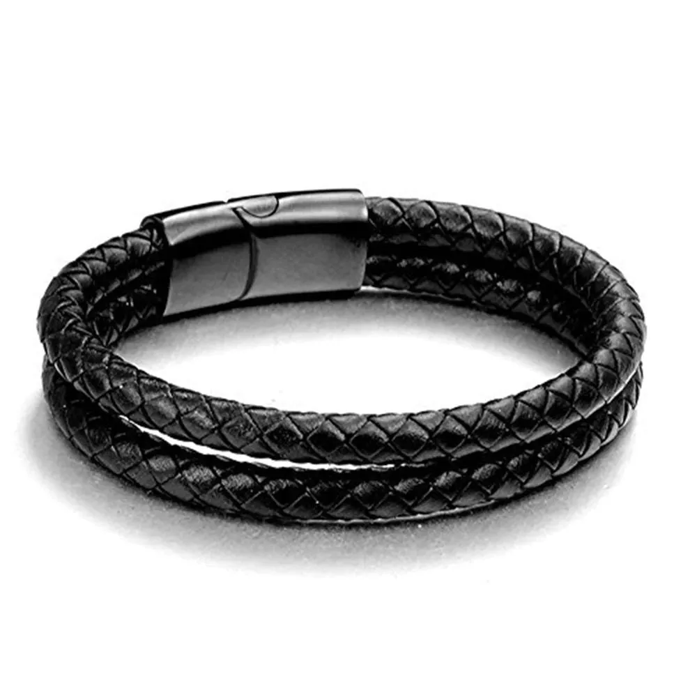 Men's Two Layer Rope Black Leather Charm Wrist Band Strand Bracelet - Stylish and Trendy Fashion Accessory
