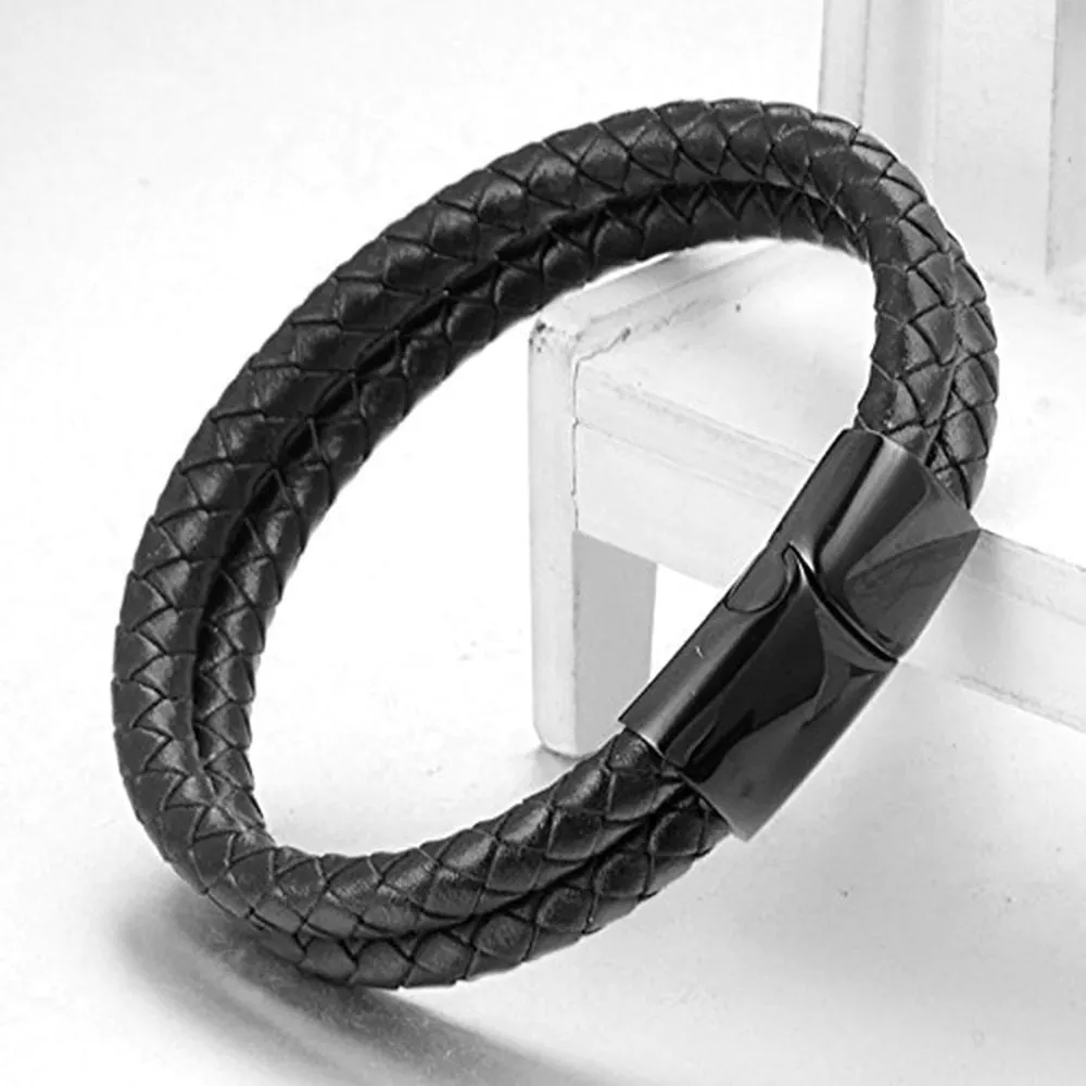 Men's Two Layer Rope Black Leather Charm Wrist Band Strand Bracelet - Stylish and Trendy Fashion Accessory