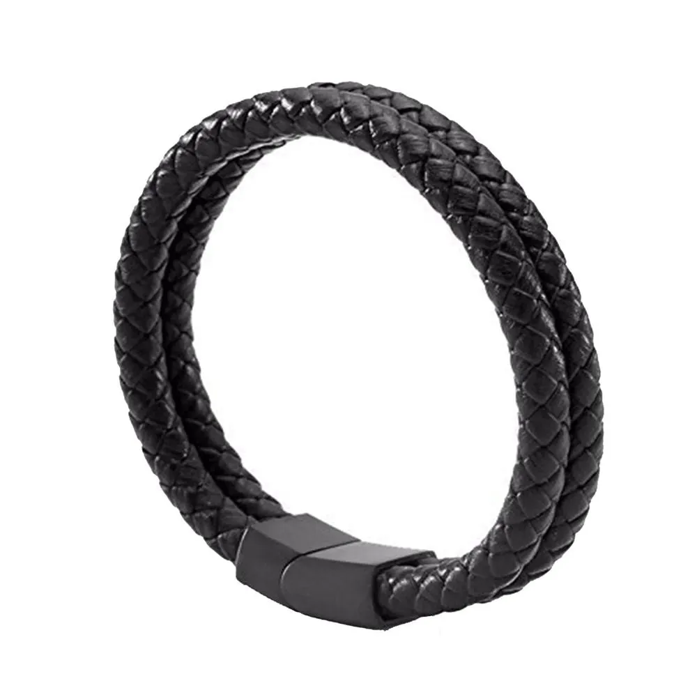 Men's Two Layer Rope Black Leather Charm Wrist Band Strand Bracelet - Stylish and Trendy Fashion Accessory
