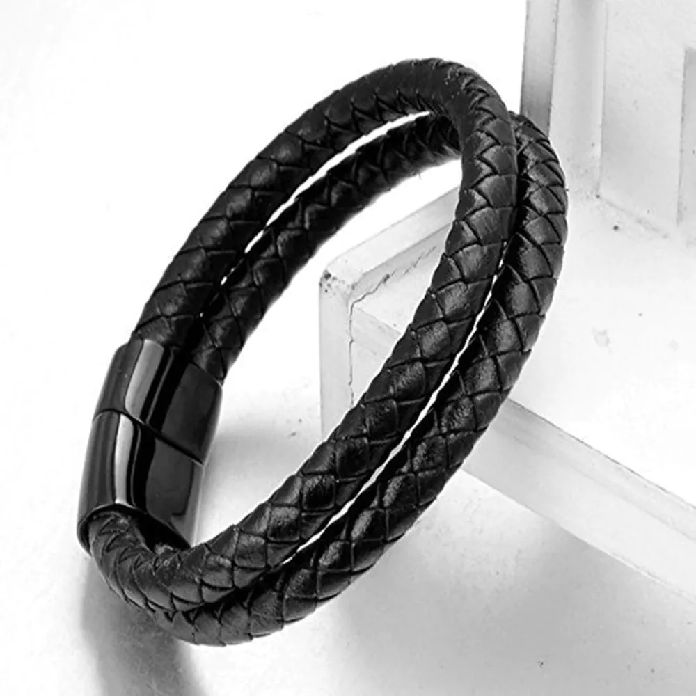 Men's Two Layer Rope Black Leather Charm Wrist Band Strand Bracelet - Stylish and Trendy Fashion Accessory