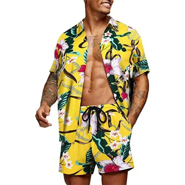 Men’s Two-Piece Set - Short-Sleeve Button-Up Shirt & Matching Shorts - Relaxed Fit