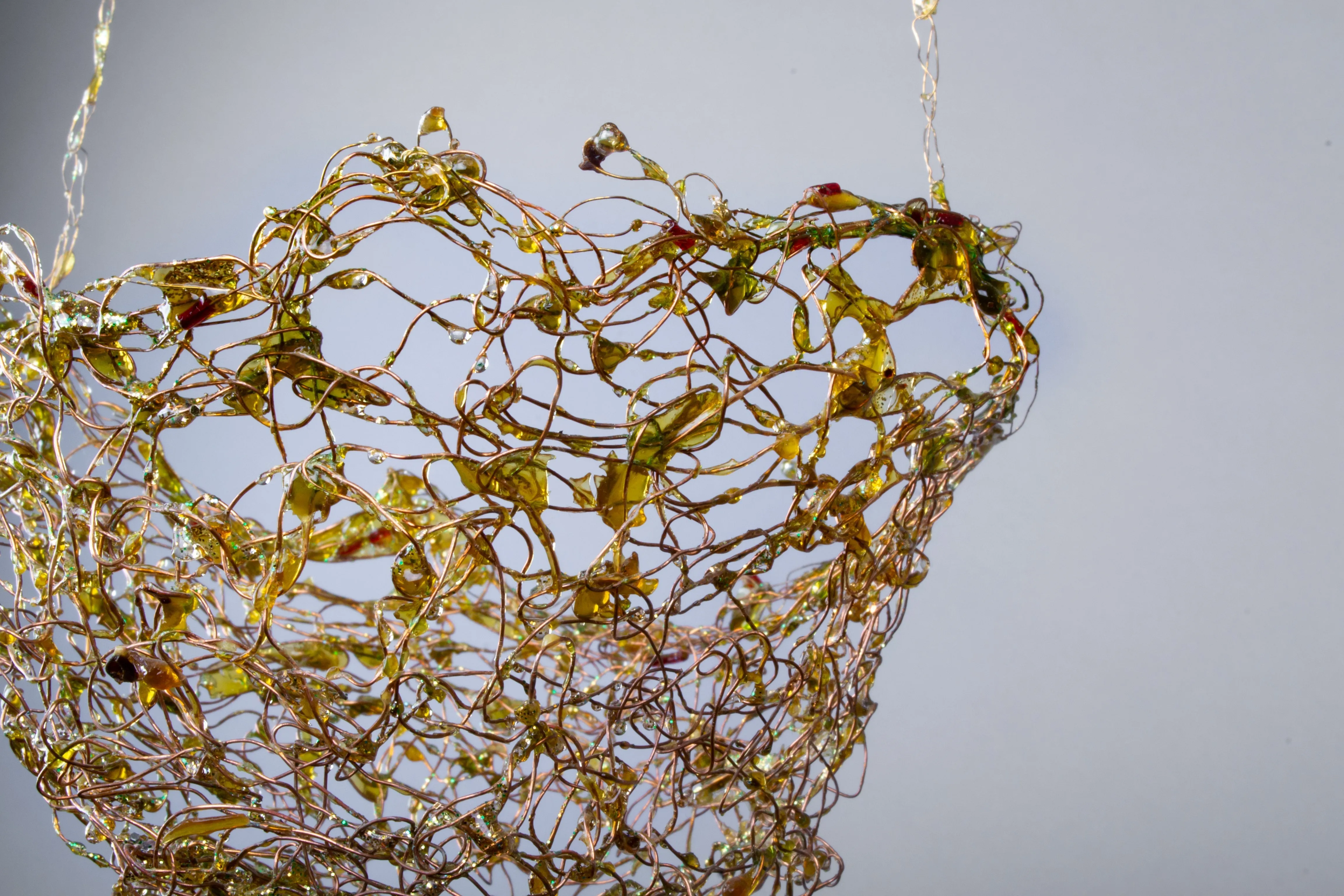 Metal Woven Hanging Basket ~ "Naturalis Fulgorque" Wire Basket Art Sculpture