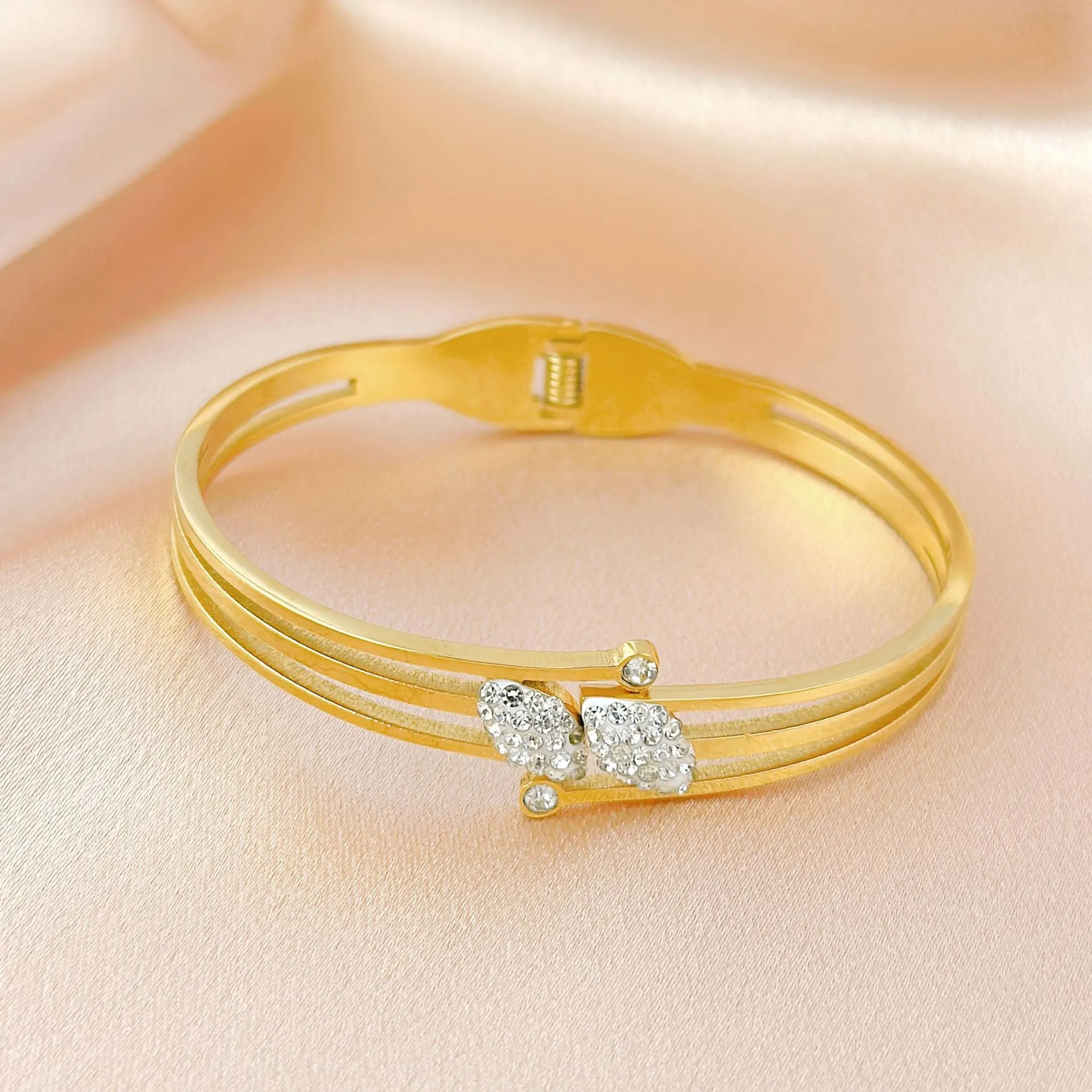 Modern Stylish Stainless Steel Gold plated zircon inlaid charms Bangle bracelet for Women