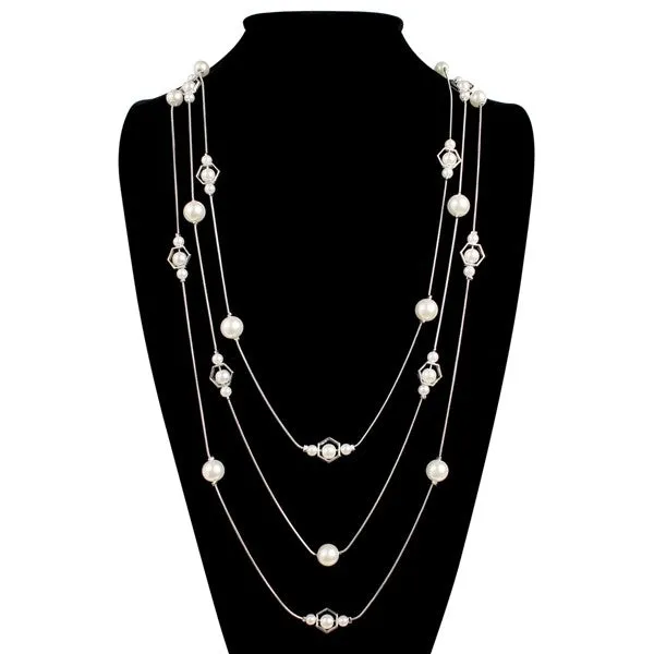 MULTI LINE OCTAGON PEARL CHAIN NECKLACE