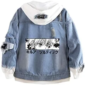 NEW Anime Denim Jacket Stylish Loose Fit Hooded Casual Top, Unisex Men's Sz L