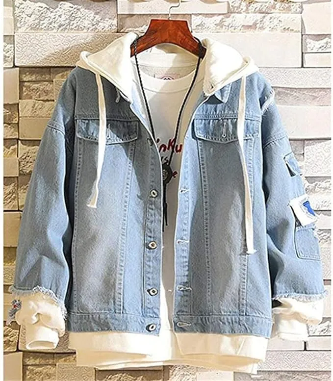 NEW Anime Denim Jacket Stylish Loose Fit Hooded Casual Top, Unisex Men's Sz L