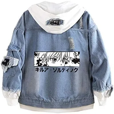 NEW Anime Denim Jacket Stylish Loose Fit Hooded Casual Top, Unisex Men's Sz L
