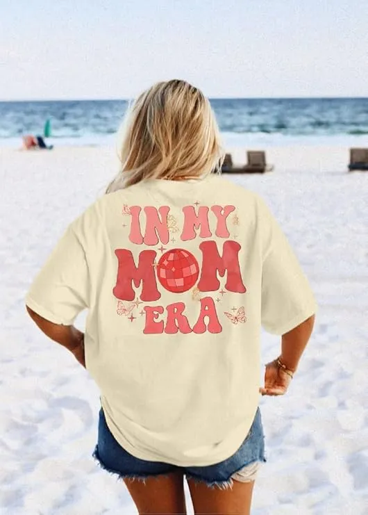 NEW DUTUT Mama Shirt Mom Era Tshirt: in My Mom Era Shirt Womens Funny Mama Tees Groovy Butterfly Oversized Tops, Apricot, Sz S