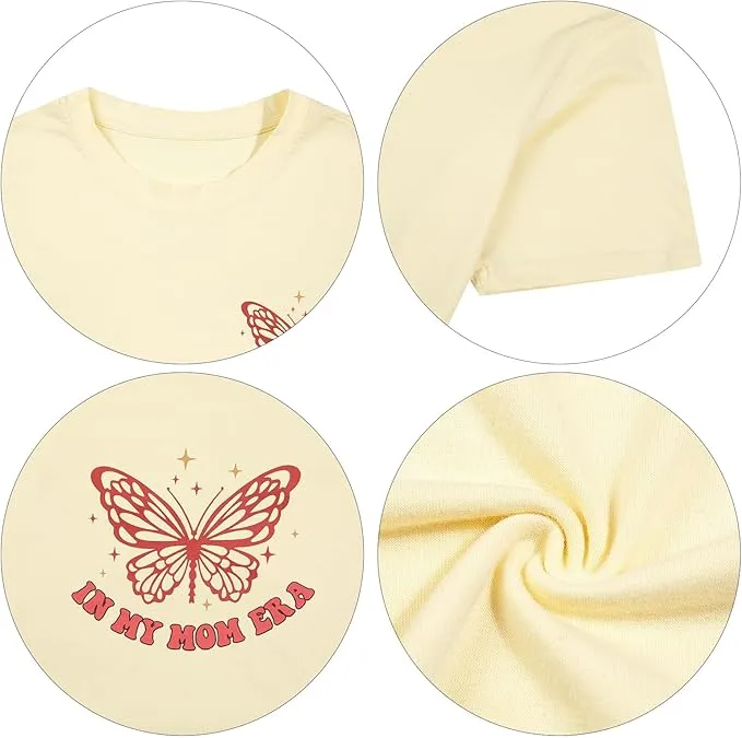 NEW DUTUT Mama Shirt Mom Era Tshirt: in My Mom Era Shirt Womens Funny Mama Tees Groovy Butterfly Oversized Tops, Apricot, Sz S