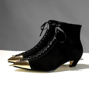 new hot sale kid suede pointed metal toe mixed color butterfly-knot med heels European designer ankle boots