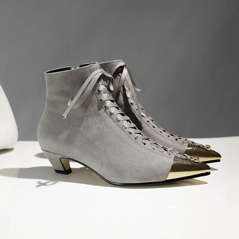 new hot sale kid suede pointed metal toe mixed color butterfly-knot med heels European designer ankle boots