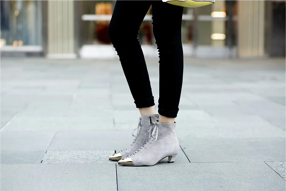 new hot sale kid suede pointed metal toe mixed color butterfly-knot med heels European designer ankle boots