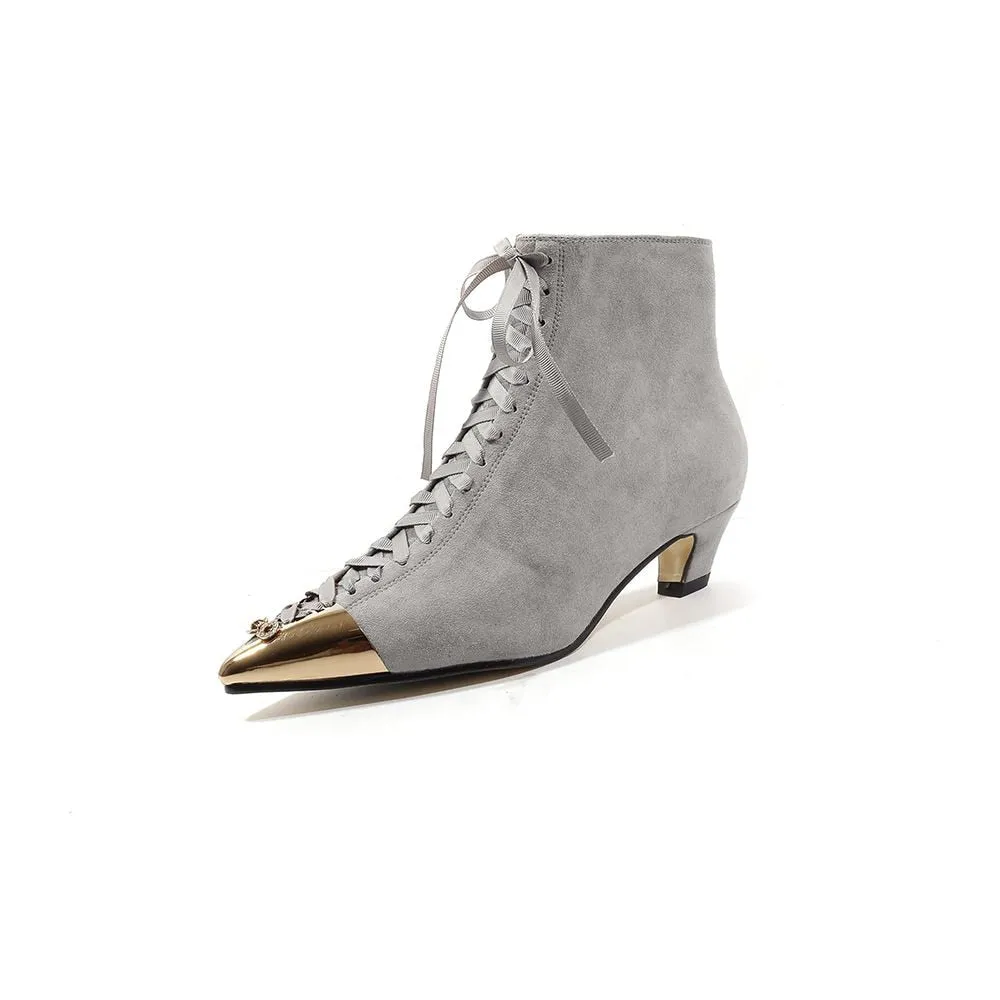 new hot sale kid suede pointed metal toe mixed color butterfly-knot med heels European designer ankle boots
