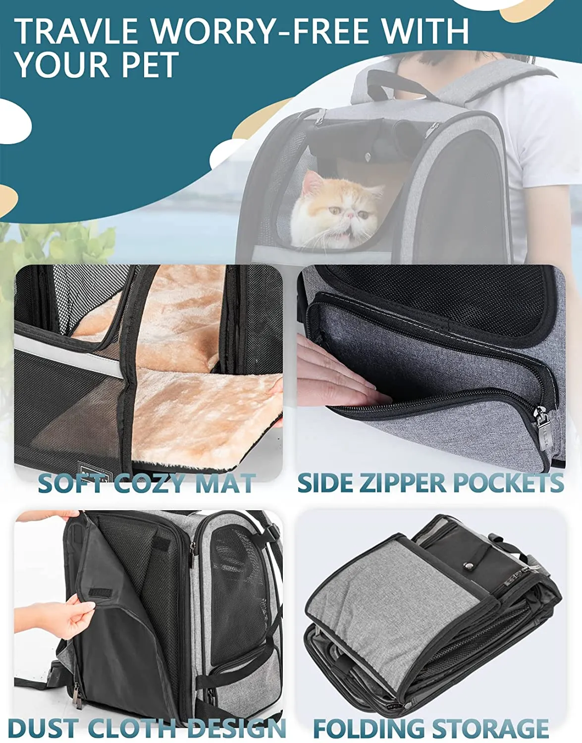 New Petsfit Cat/Dog Carrier with Great Ventilation, Portable Pet Travel Backpack for Hiking, Camping Hold Pets Up to 15 lbs!