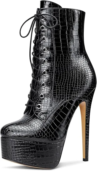 NEW Retails $119, NobleOnly Women's High Heels Platform Ankle Boots Round Toe Lace Up Boot with Zipper Basic Office Boot 6" Stiletto Heel Shoes, Matte Black, Sz 10