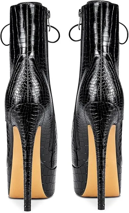 NEW Retails $119, NobleOnly Women's High Heels Platform Ankle Boots Round Toe Lace Up Boot with Zipper Basic Office Boot 6" Stiletto Heel Shoes, Matte Black, Sz 10
