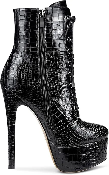 NEW Retails $119, NobleOnly Women's High Heels Platform Ankle Boots Round Toe Lace Up Boot with Zipper Basic Office Boot 6" Stiletto Heel Shoes, Matte Black, Sz 10