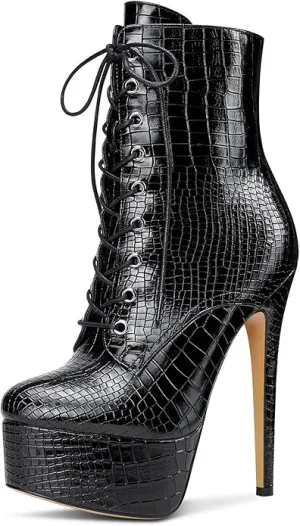 NEW Retails $119, NobleOnly Women's High Heels Platform Ankle Boots Round Toe Lace Up Boot with Zipper Basic Office Boot 6" Stiletto Heel Shoes, Matte Black, Sz 10