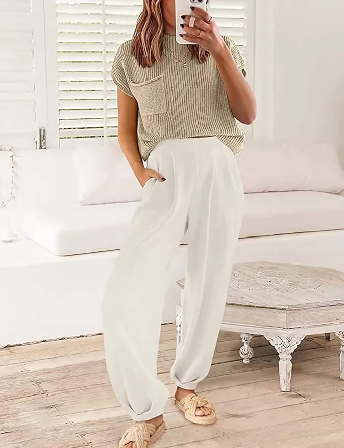 NEW SweatyShark 2 Piece Outfits for Women Sweater Sets Cozy Knit Pullover Crop Tops High Waisted Pants Loungewear Set, Sz 2X! NOTE; BOTH TOP & BOTTOM ARE WHITE