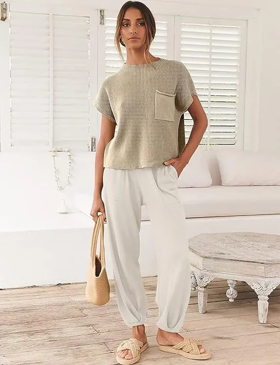 NEW SweatyShark 2 Piece Outfits for Women Sweater Sets Cozy Knit Pullover Crop Tops High Waisted Pants Loungewear Set, Sz 2X! NOTE; BOTH TOP & BOTTOM ARE WHITE