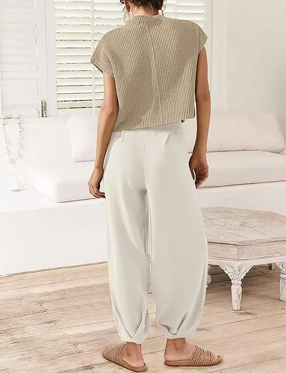 NEW SweatyShark 2 Piece Outfits for Women Sweater Sets Cozy Knit Pullover Crop Tops High Waisted Pants Loungewear Set, Sz 2X! NOTE; BOTH TOP & BOTTOM ARE WHITE