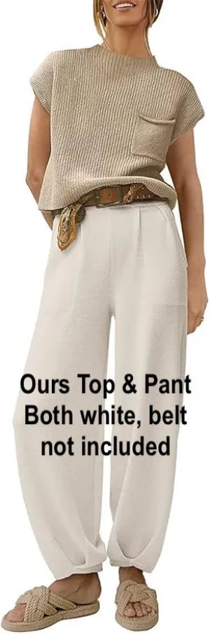 NEW SweatyShark 2 Piece Outfits for Women Sweater Sets Cozy Knit Pullover Crop Tops High Waisted Pants Loungewear Set, Sz 2X! NOTE; BOTH TOP & BOTTOM ARE WHITE