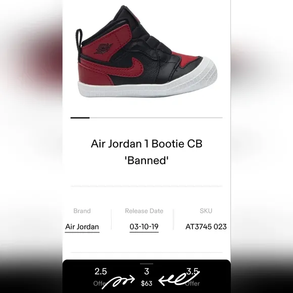 Nike Air Jordan 1 Crib Bootie &quot;BRED&quot; BANNED AT3745-023 Size 3C Black Varsity Red