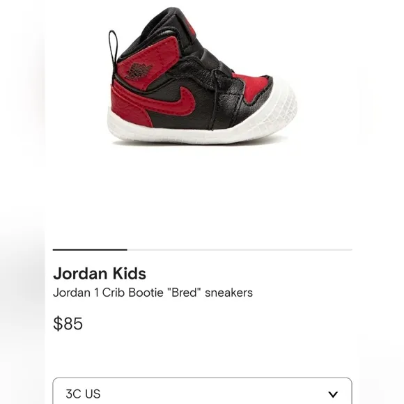 Nike Air Jordan 1 Crib Bootie &quot;BRED&quot; BANNED AT3745-023 Size 3C Black Varsity Red