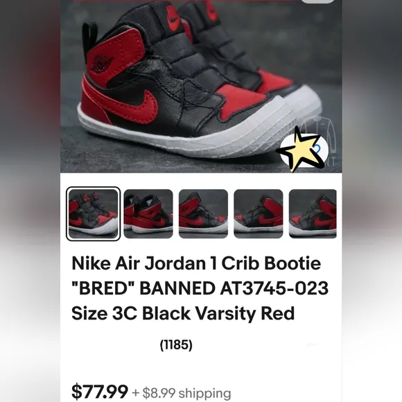 Nike Air Jordan 1 Crib Bootie &quot;BRED&quot; BANNED AT3745-023 Size 3C Black Varsity Red