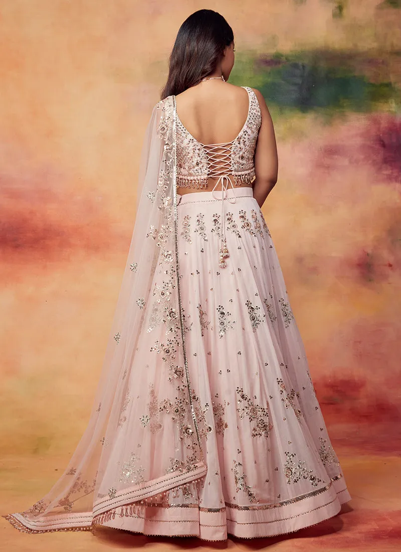 Peachy Pink Embroidered Georgette Lehenga