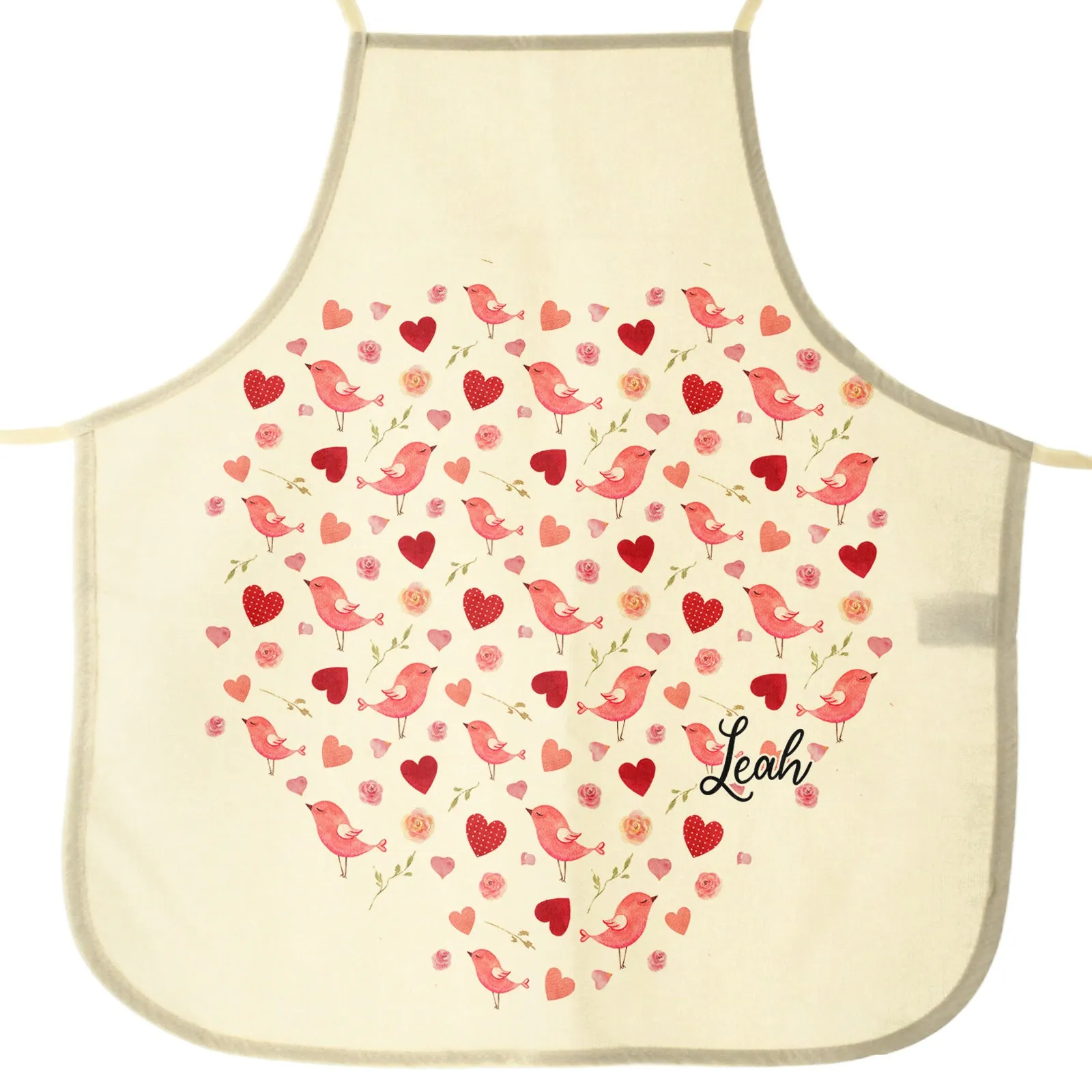Personalised Canvas Apron with Stylish Text and Love Heart Birds Print
