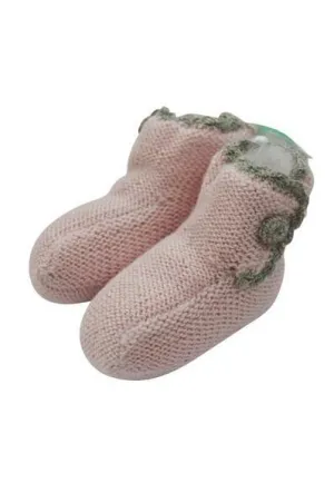 Pink Baby Alpaca Booties with Grey Crochet Trim