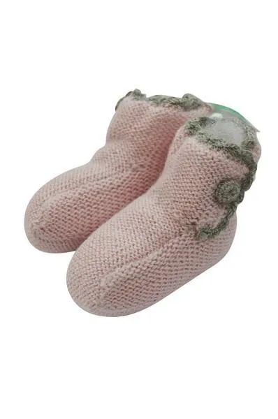 Pink Baby Alpaca Booties with Grey Crochet Trim