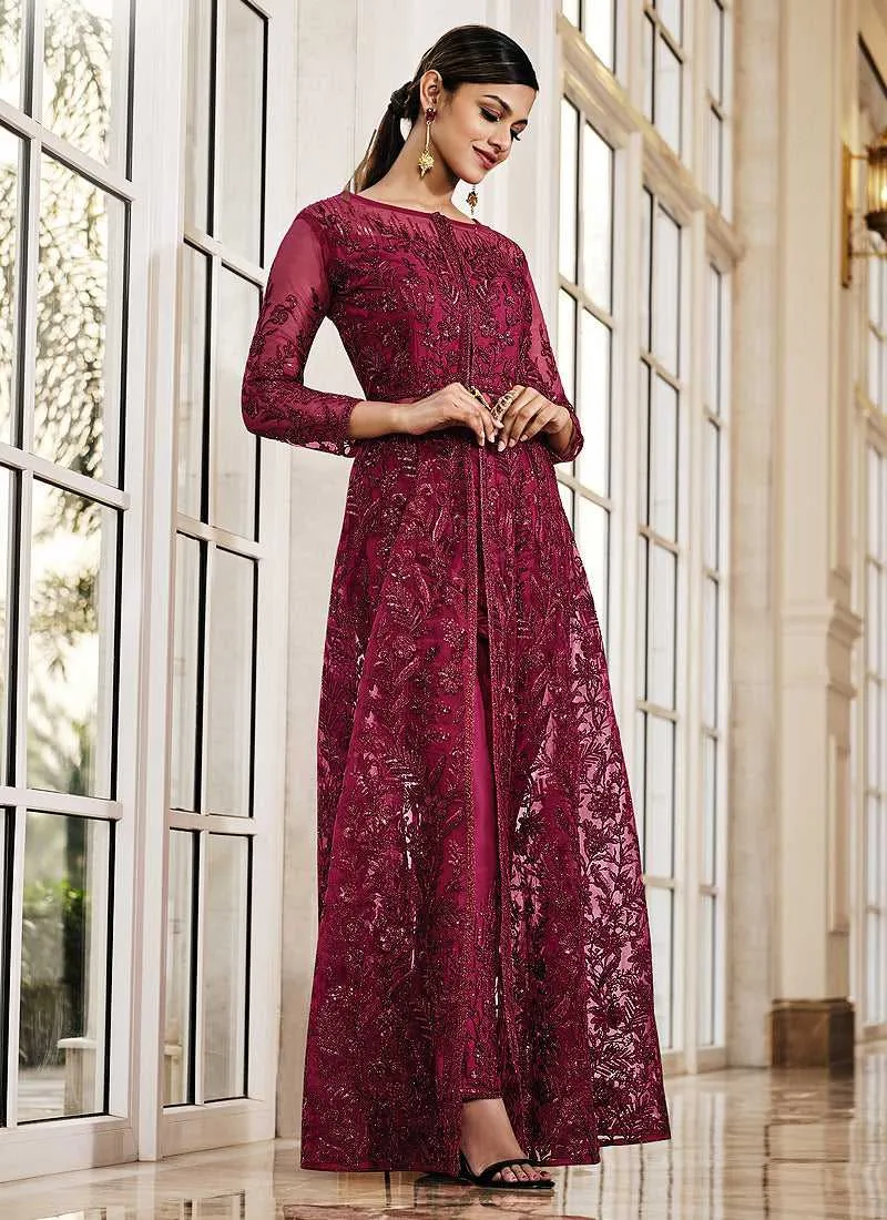 Pink Floral Embroidered Stylish Lehenga/ Pant Style Anarkali