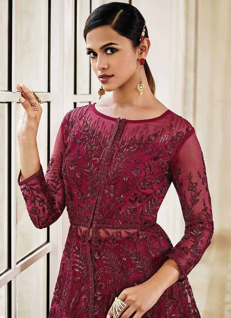 Pink Floral Embroidered Stylish Lehenga/ Pant Style Anarkali