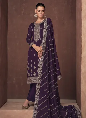 Purple and Gold Embroidered Stylish Pant Suit