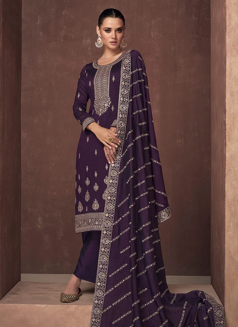 Purple and Gold Embroidered Stylish Pant Suit
