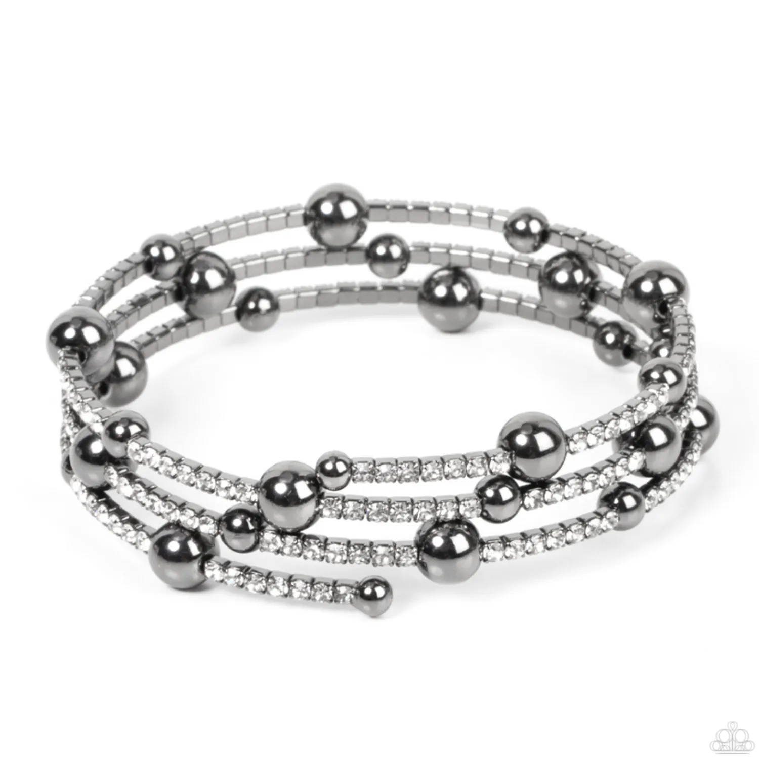 "Spontaneous Shimmer" Gunmetal Beads & Clear/White Rhinestone Flexible COIL bracelet