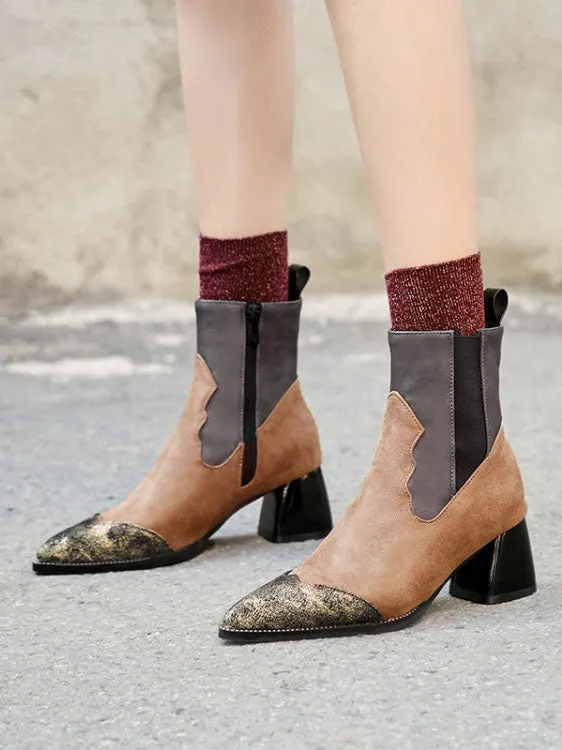 Retro Thick with Martin Boots Pointed Side Zipper Boots Autumn and Winter High Heel Women's Boots Large Size