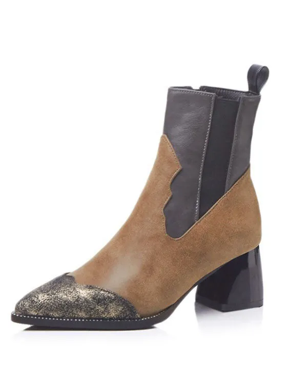 Retro Thick with Martin Boots Pointed Side Zipper Boots Autumn and Winter High Heel Women's Boots Large Size