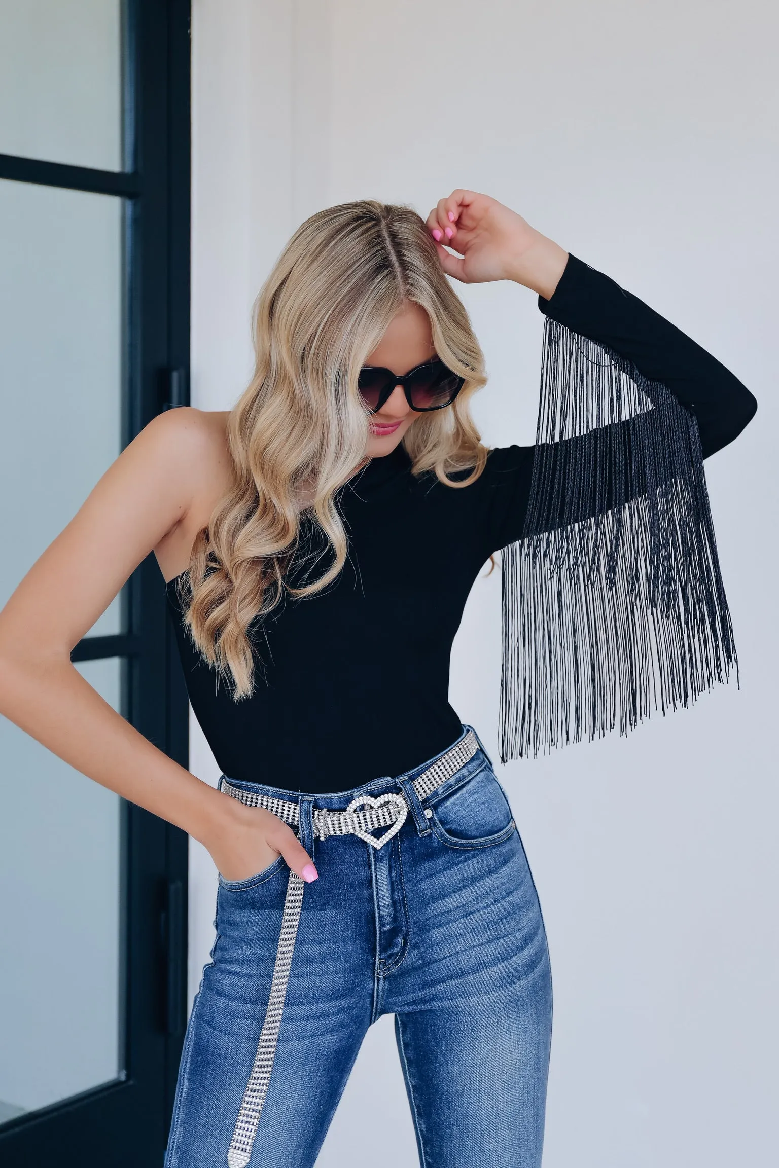 Saratoga One Shoulder Fringe Bodysuit - Black