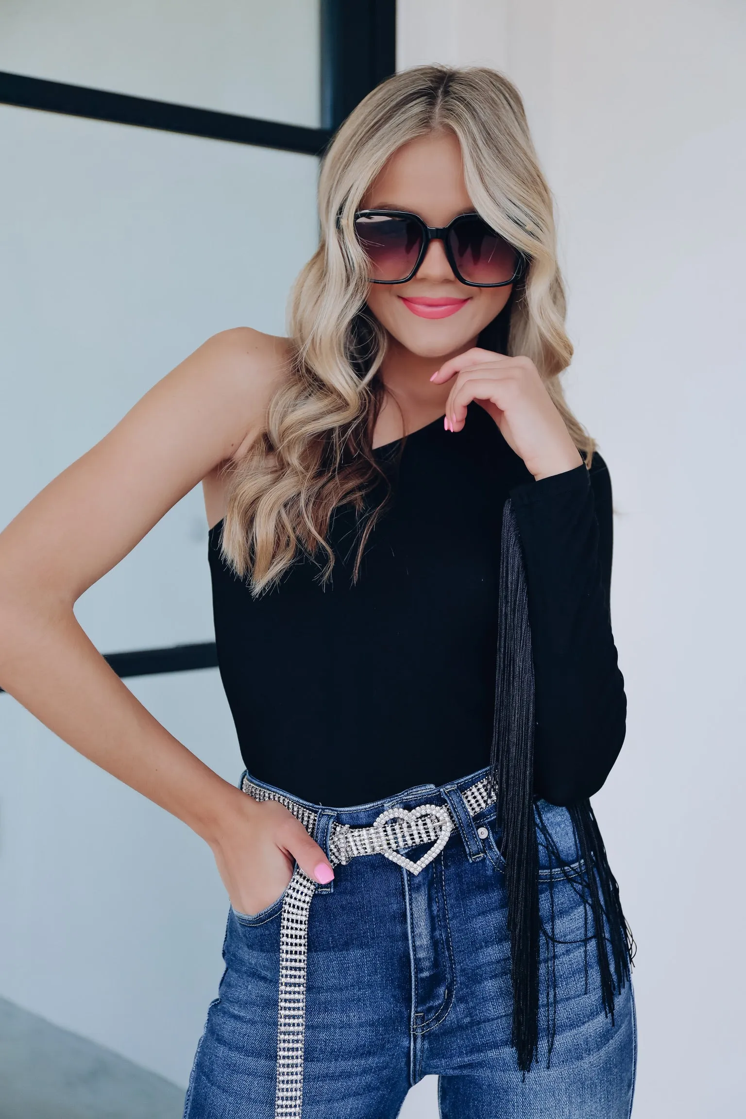 Saratoga One Shoulder Fringe Bodysuit - Black