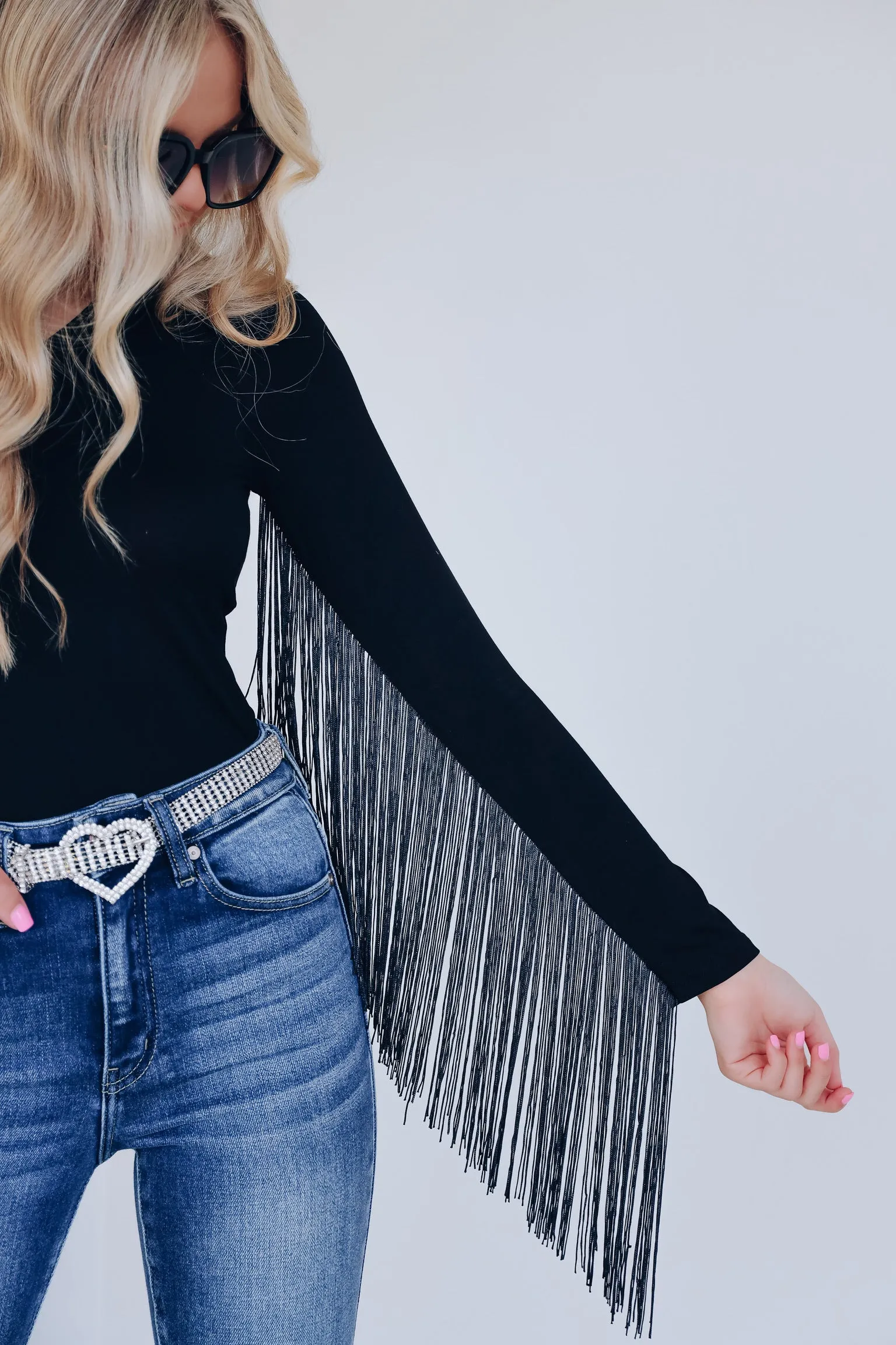 Saratoga One Shoulder Fringe Bodysuit - Black