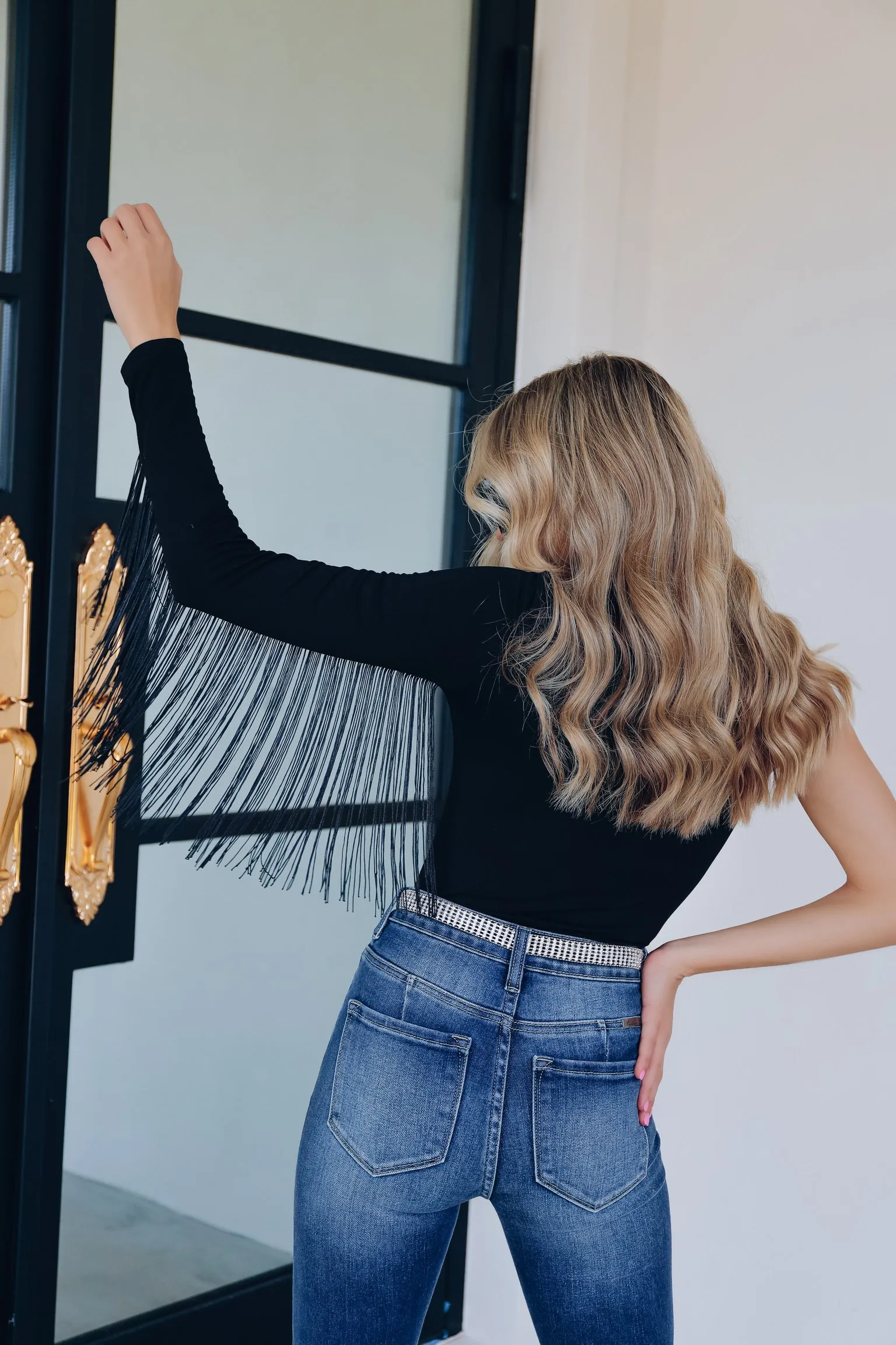 Saratoga One Shoulder Fringe Bodysuit - Black