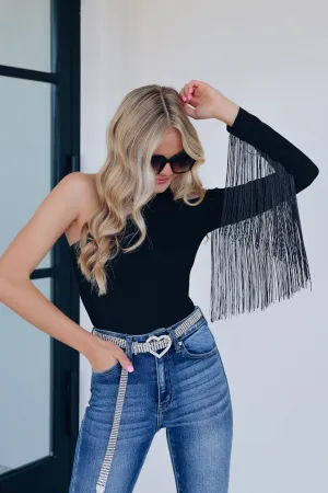 Saratoga One Shoulder Fringe Bodysuit - Black