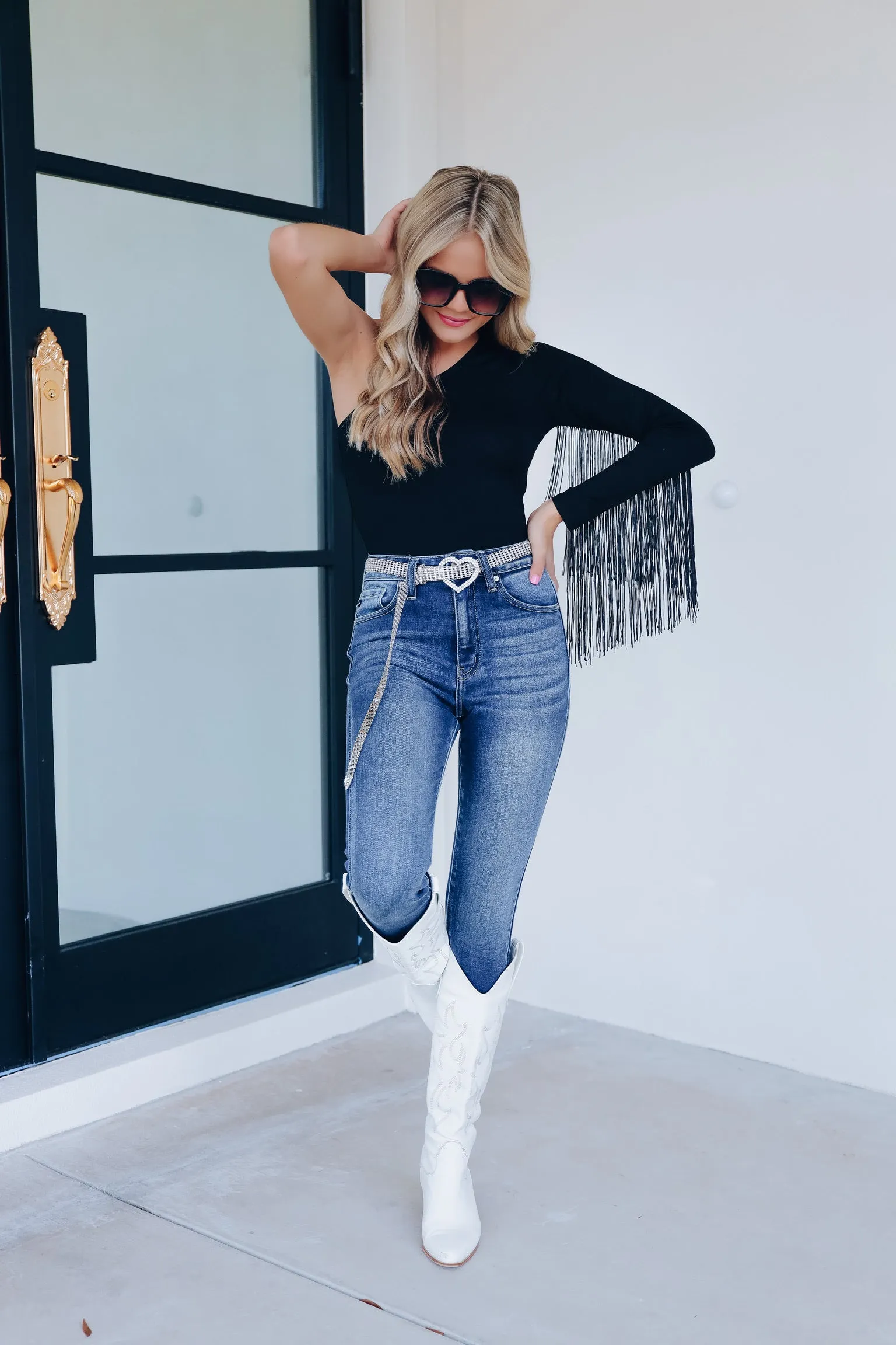 Saratoga One Shoulder Fringe Bodysuit - Black