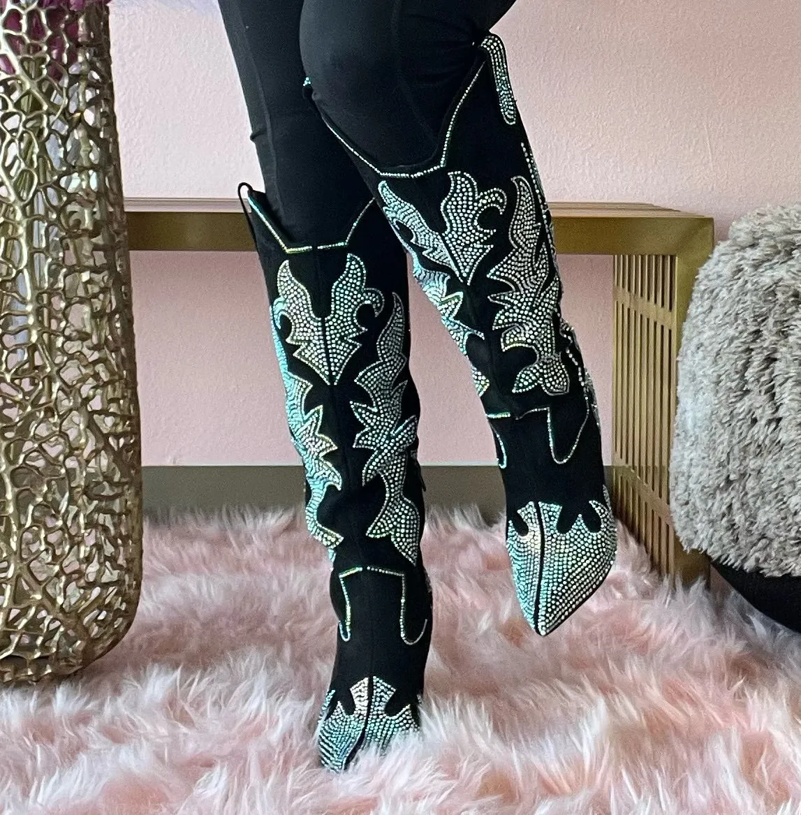 SHINING QUEEN Silver Black boot with Silver and Green Rhinestone Detail