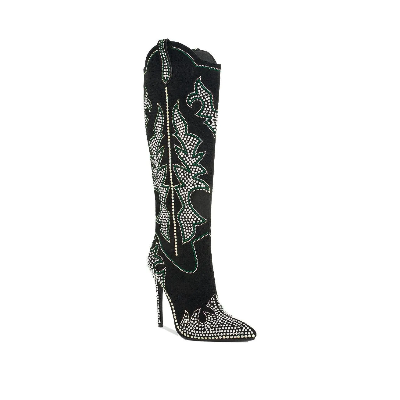 SHINING QUEEN Silver Black boot with Silver and Green Rhinestone Detail