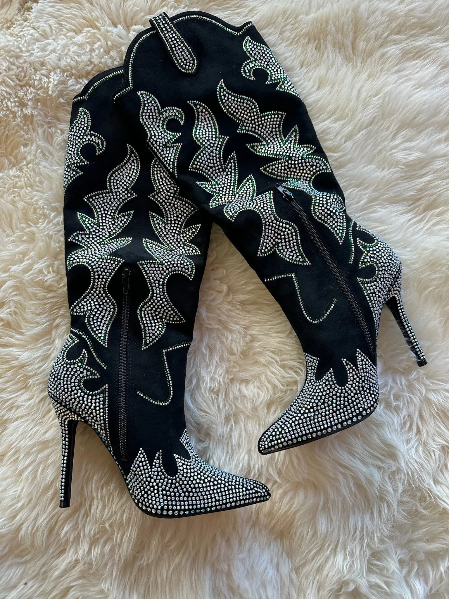 SHINING QUEEN Silver Black boot with Silver and Green Rhinestone Detail